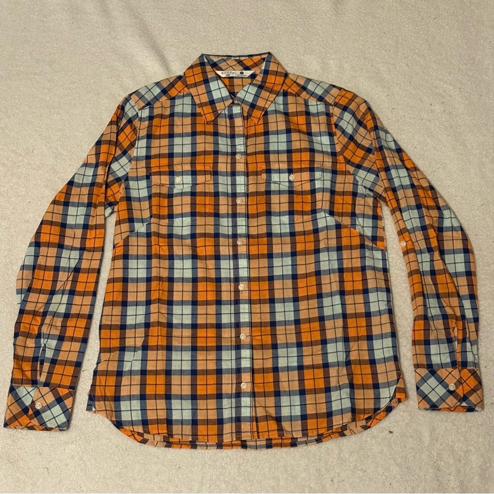 Riders by Lee Women’s Orange/Blue Plaid Button Down Roll Tab Sleeve Shirt Small